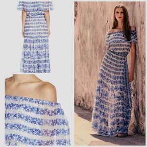 Eliza J Blouson Blue White Floral Off Shoulder Boho Maxi Dress 4 NWT A2